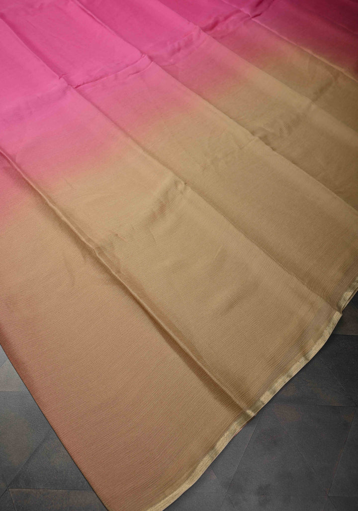Bollywood style ombre pure chiffon Saree in Pink and Beige, No Blouse Piece