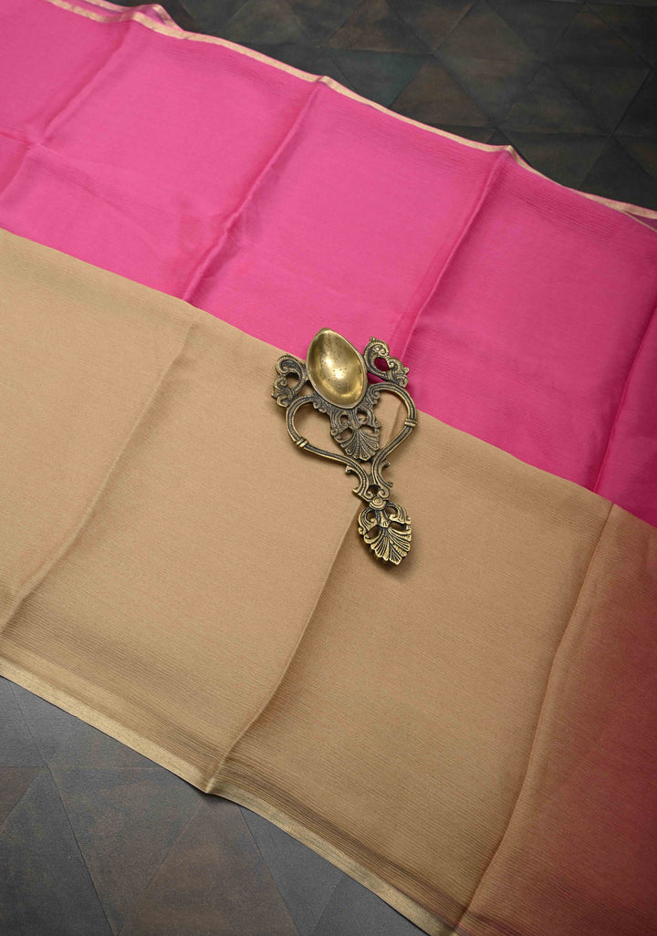 Bollywood style ombre pure chiffon Saree in Pink and Beige, No Blouse Piece