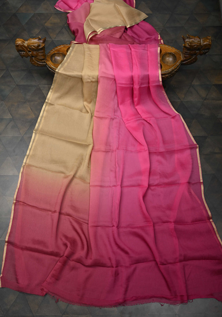Bollywood style ombre pure chiffon Saree in Pink and Beige, No Blouse Piece