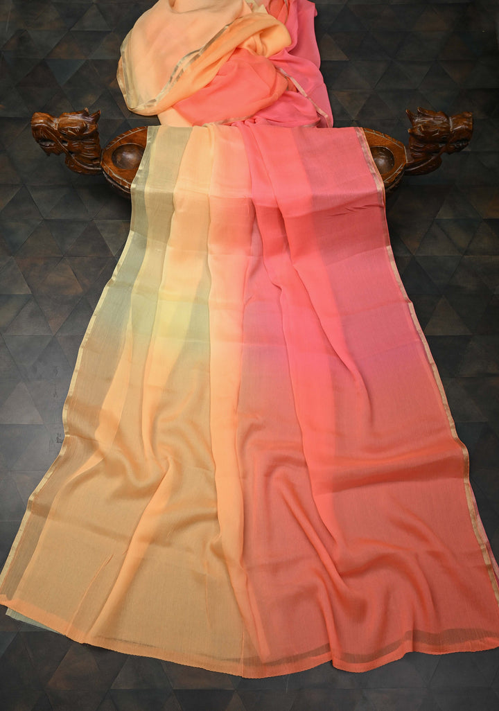 Bollywood style ombre pure chiffon Saree in Shades of orange, No Blouse Piece