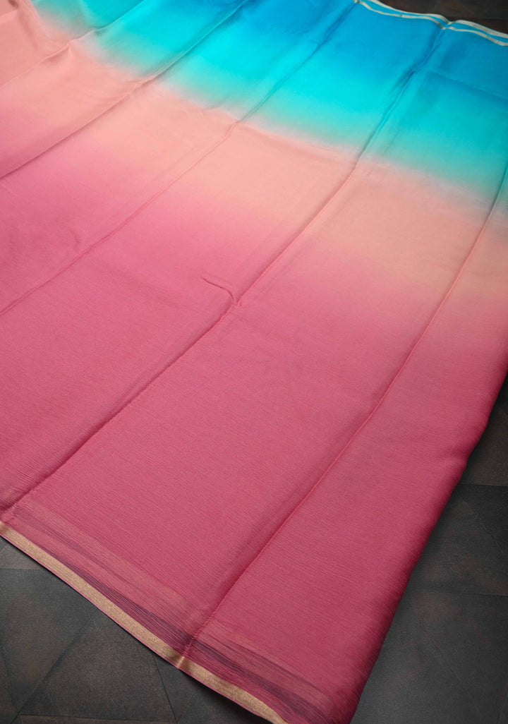 Multicolor Bollywood style ombré pure chiffon saree in shades of Blue and Pink, No Blouse Piece