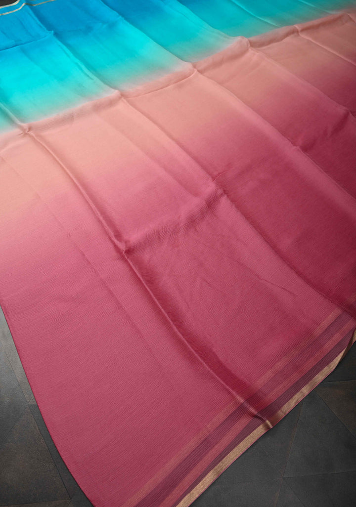 Multicolor Bollywood style ombré pure chiffon saree in shades of Blue and Pink, No Blouse Piece