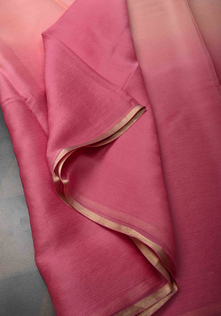 Multicolor Bollywood style ombré pure chiffon saree in shades of Blue and Pink, No Blouse Piece