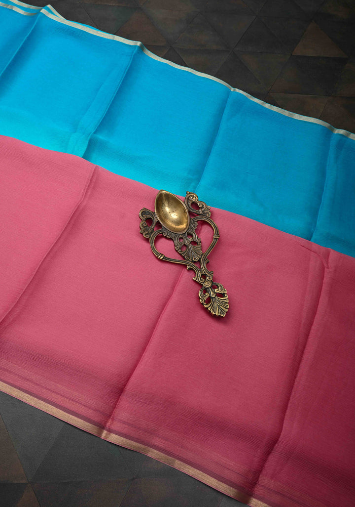 Multicolor Bollywood style ombré pure chiffon saree in shades of Blue and Pink, No Blouse Piece