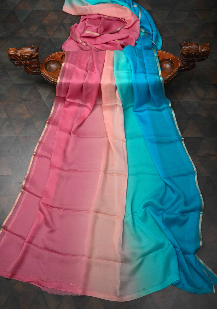 Multicolor Bollywood style ombré pure chiffon saree in shades of Blue and Pink, No Blouse Piece