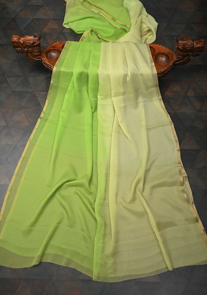 Bollywood style ombre pure chiffon Saree in shades of green, No Blouse Piece