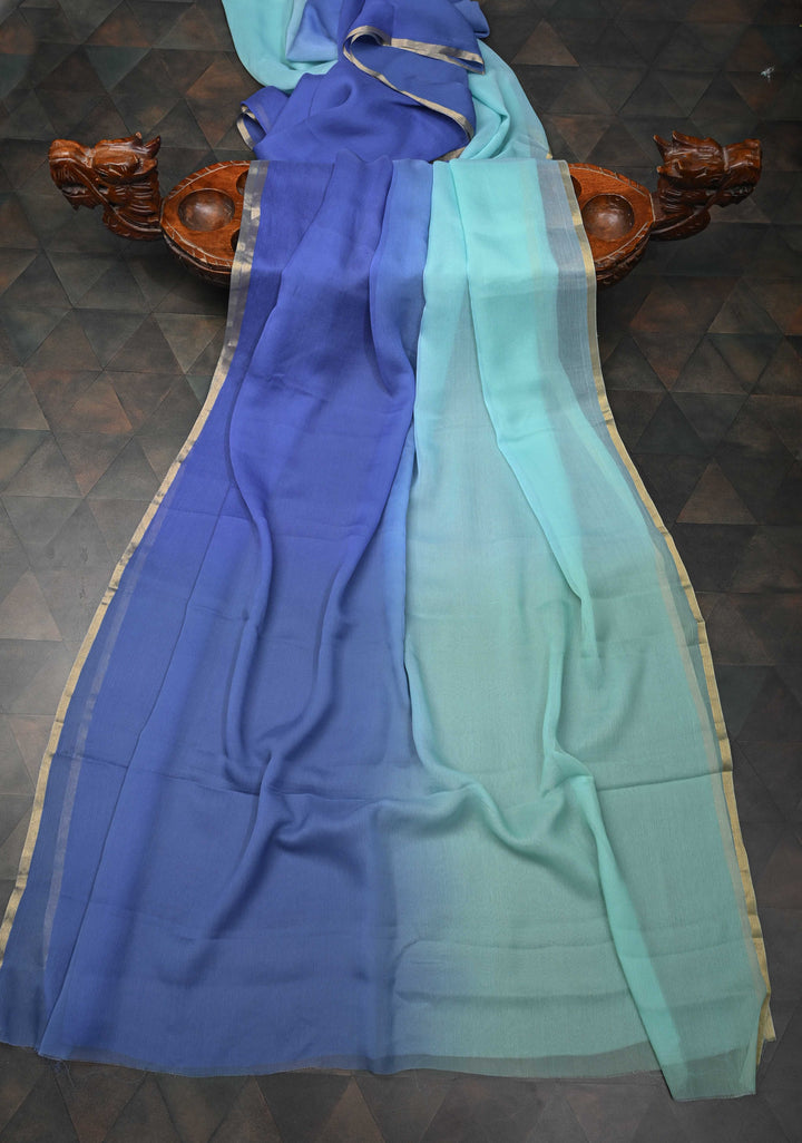 Bollywood style ombre pure chiffon Saree in Steel Blue and Ice Blue, No Blouse Piece