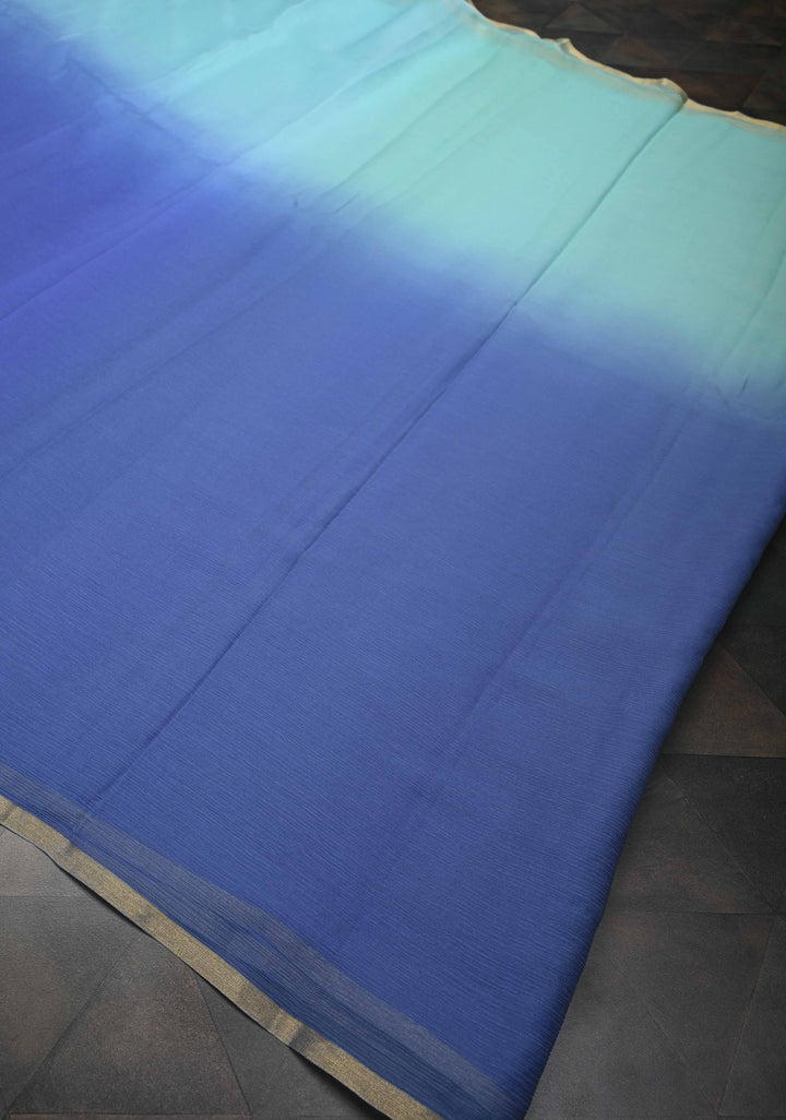 Bollywood style ombre pure chiffon Saree in Steel Blue and Ice Blue, No Blouse Piece