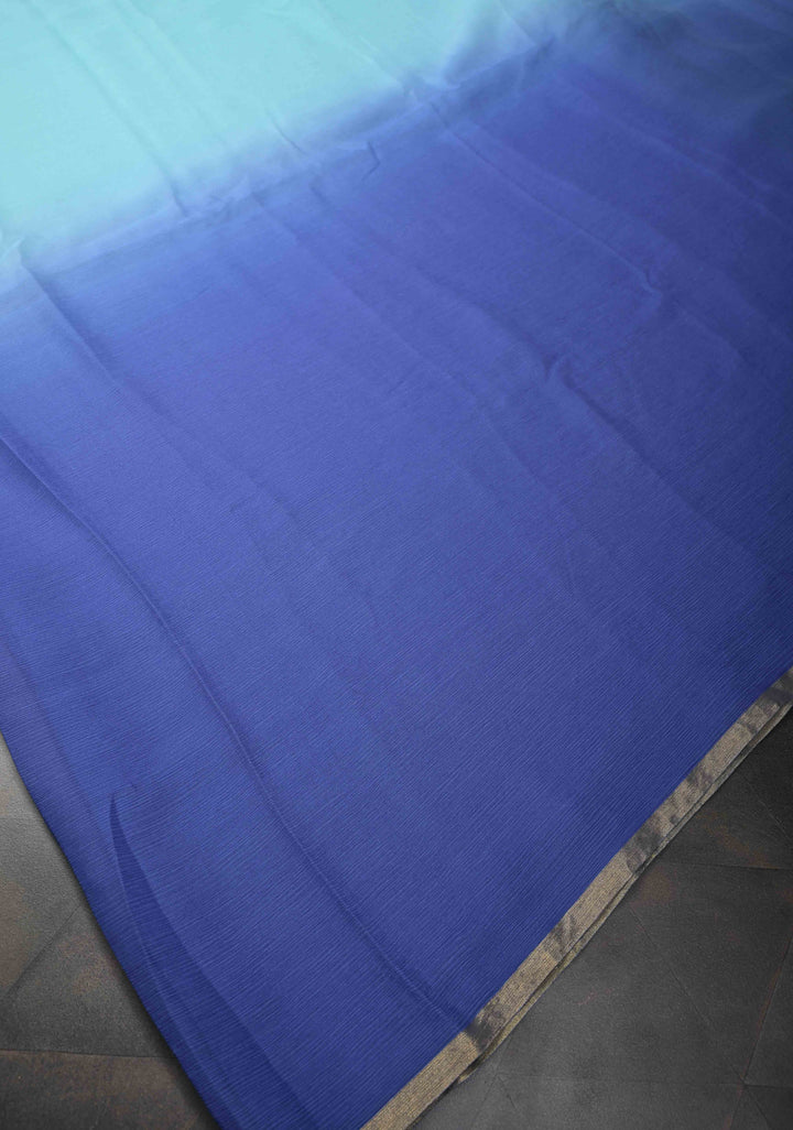 Bollywood style ombre pure chiffon Saree in Steel Blue and Ice Blue, No Blouse Piece
