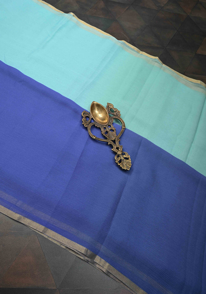 Bollywood style ombre pure chiffon Saree in Steel Blue and Ice Blue, No Blouse Piece