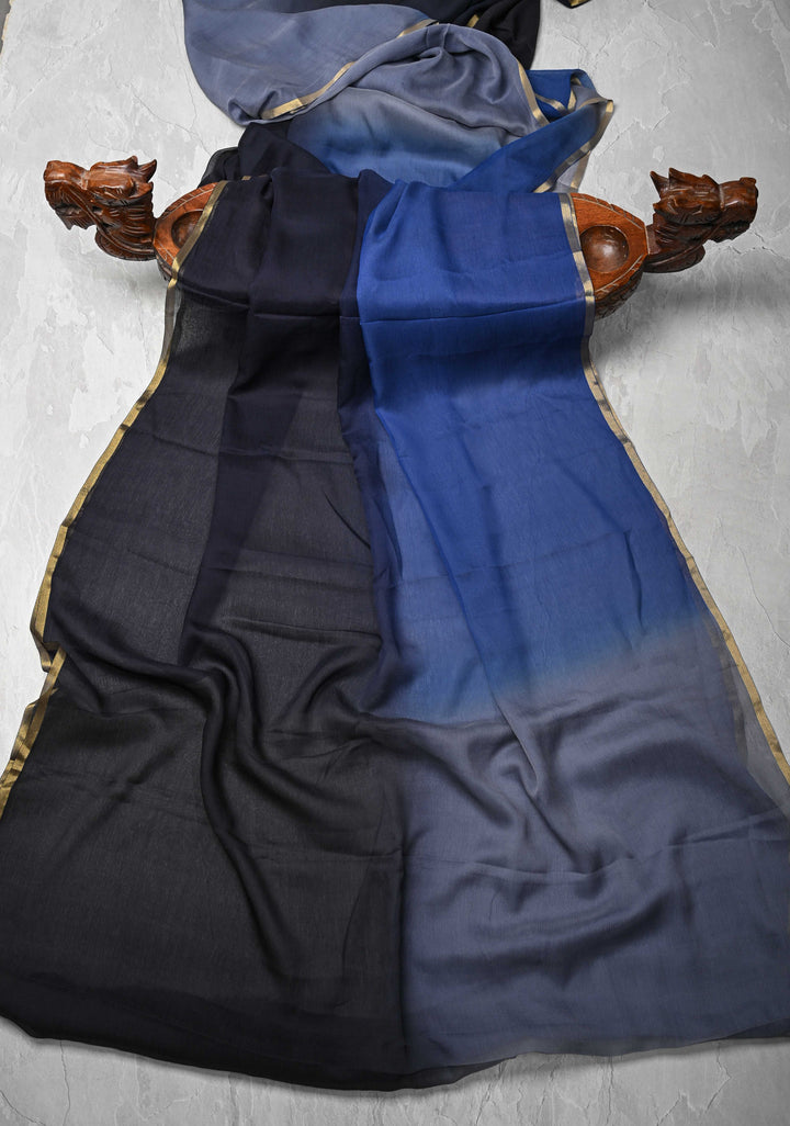 Bollywood style ombre pure chiffon Saree in black, gray  and blue, No Blouse Piece