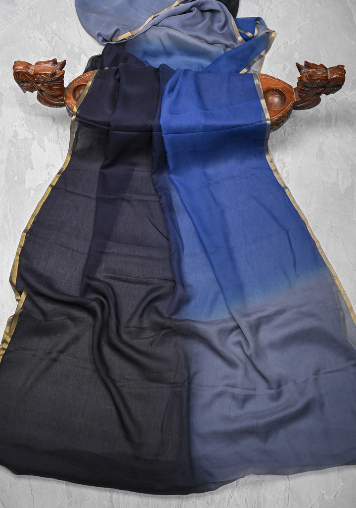 Bollywood style ombre pure chiffon Saree in black, gray  and blue, No Blouse Piece