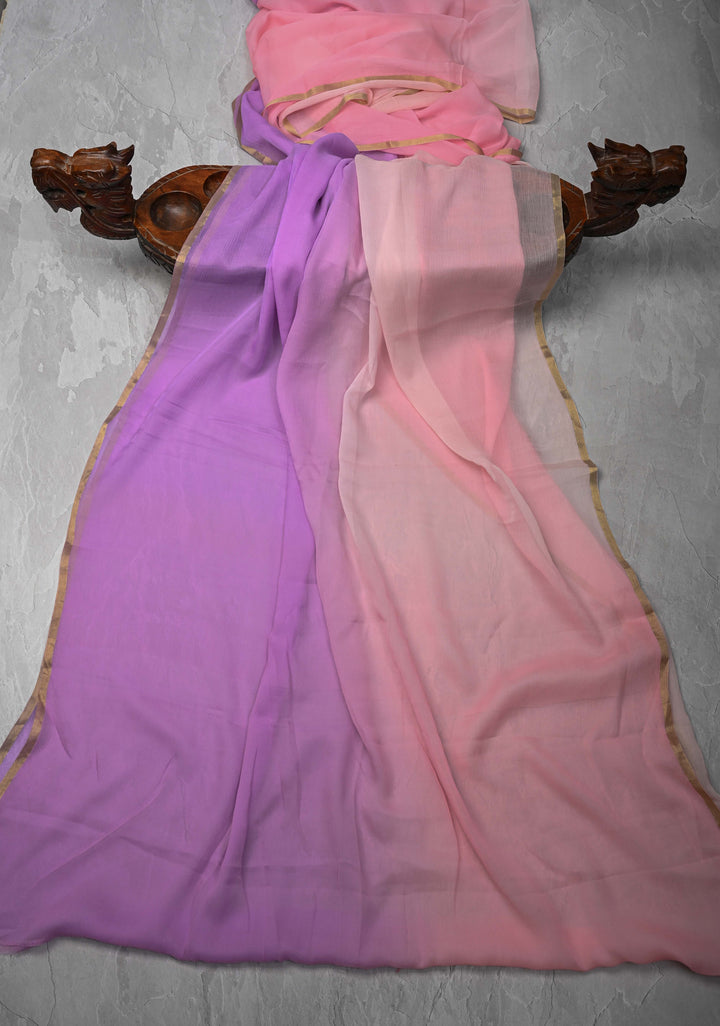 Bollywood style ombre pure chiffon Saree in Lavender and Peach, No Blouse Piece