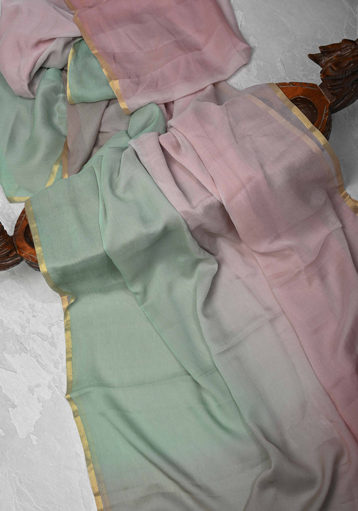 Bollywood style ombre pure chiffon Saree in Dusty Pastel Shades, No Blouse Piece