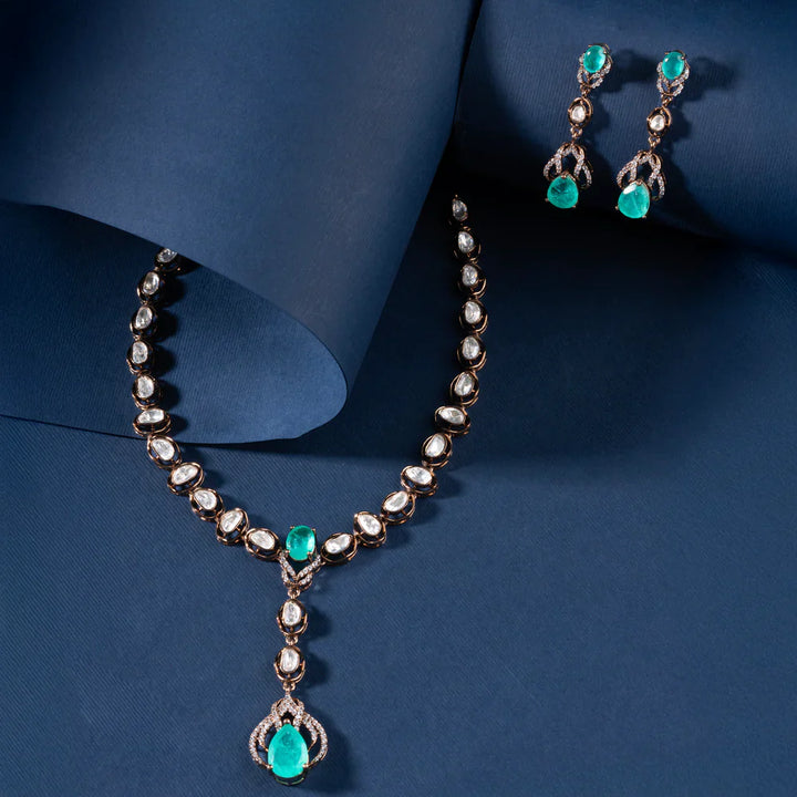 Pure 92.5 Silver, Gold Plated Victorian Oval Design Necklace Set with Mint Green Stone