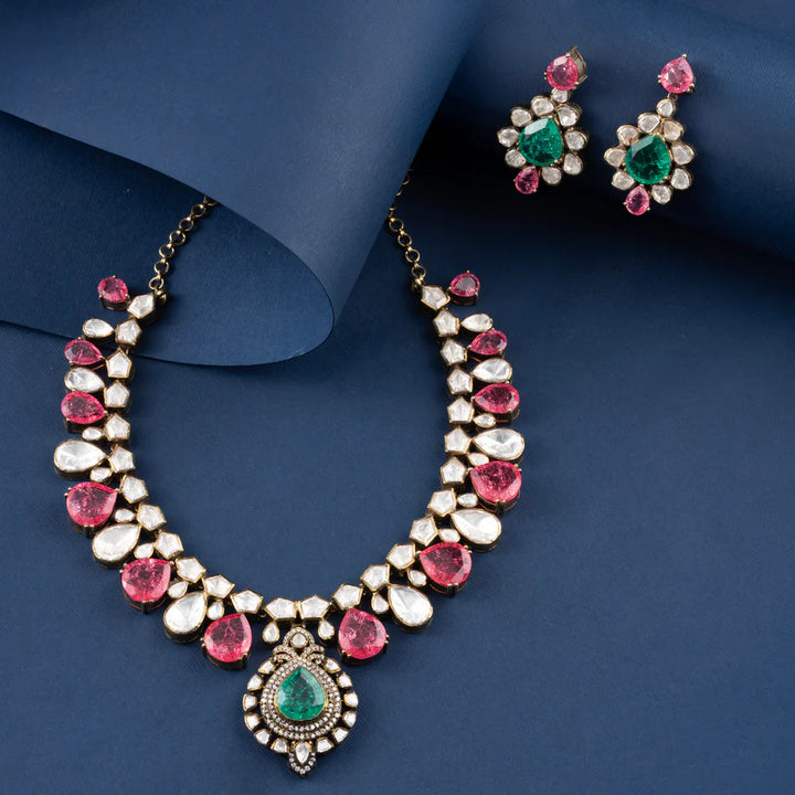 92.5 Silver, Gold Plated Jade & Rose Affair Necklace Set with Moissanite, Gemstones, and CZ stones