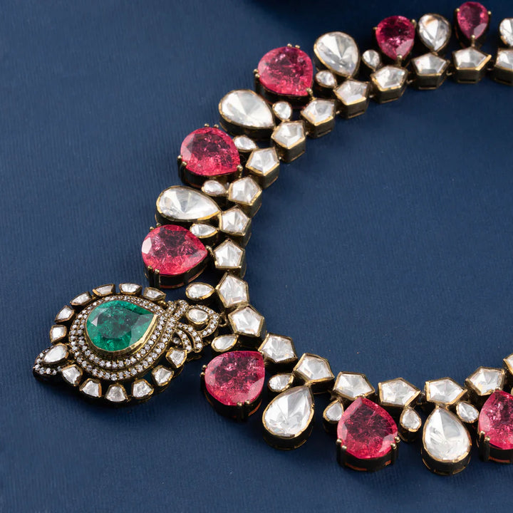 92.5 Silver, Gold Plated Jade & Rose Affair Necklace Set with Moissanite, Gemstones, and CZ stones