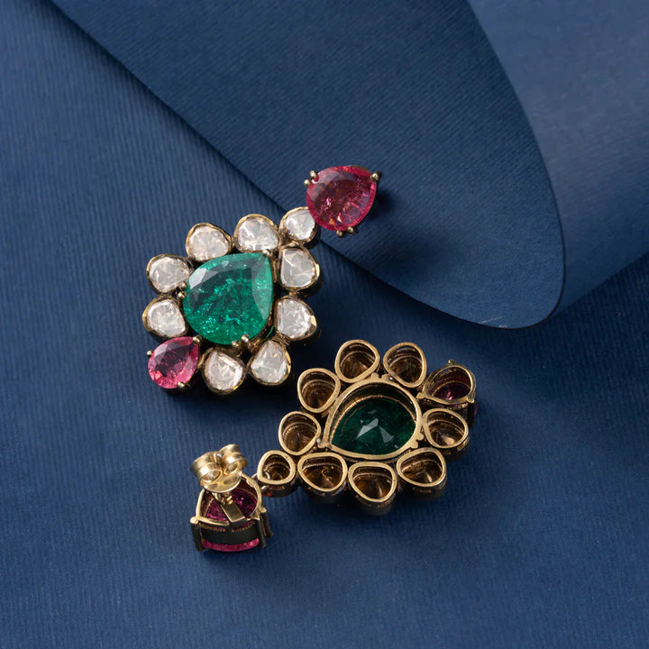 92.5 Silver, Gold Plated Jade & Rose Affair Necklace Set with Moissanite, Gemstones, and CZ stones