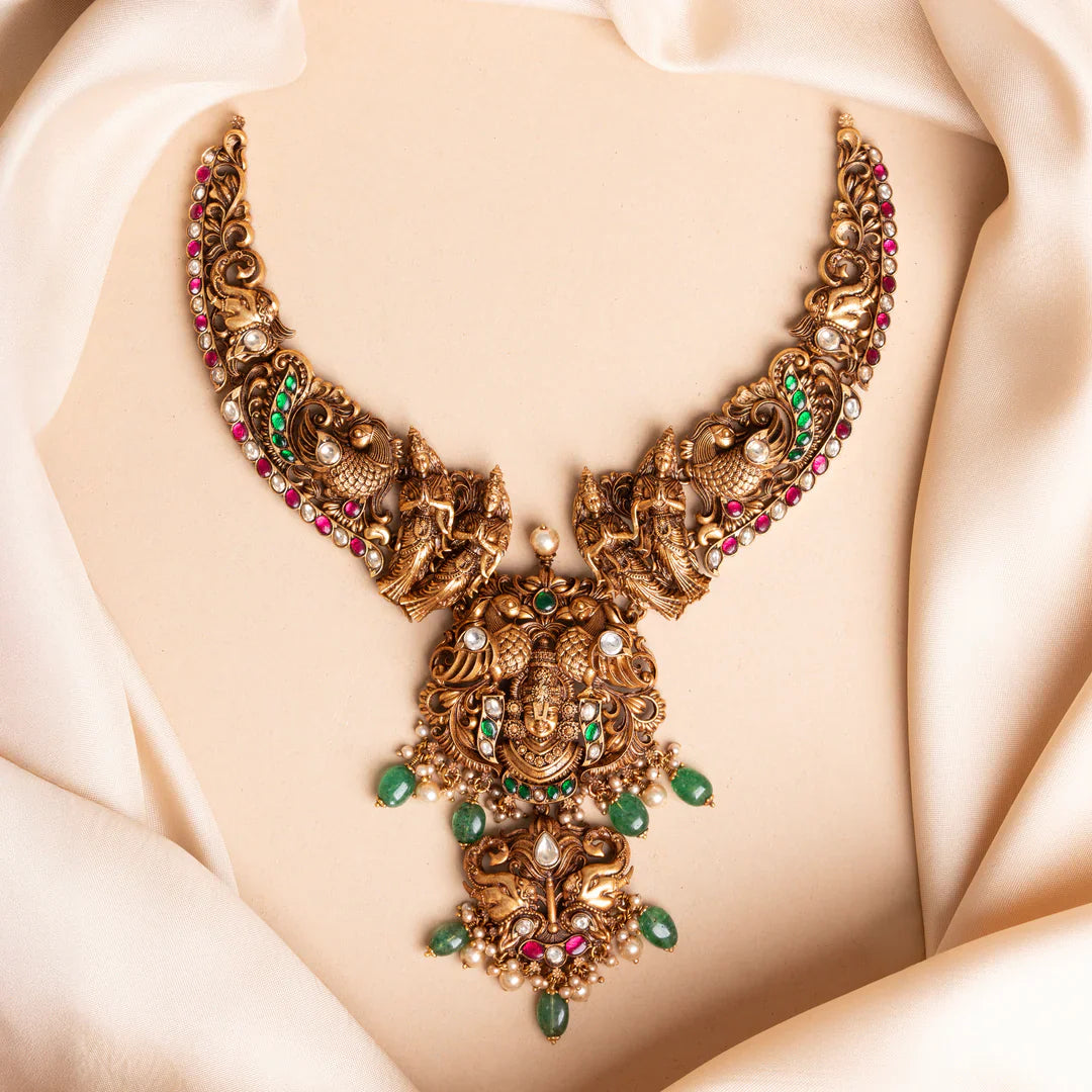 Pure 92.5 Silver, Gold Plated King of Tirumala Short Necklace