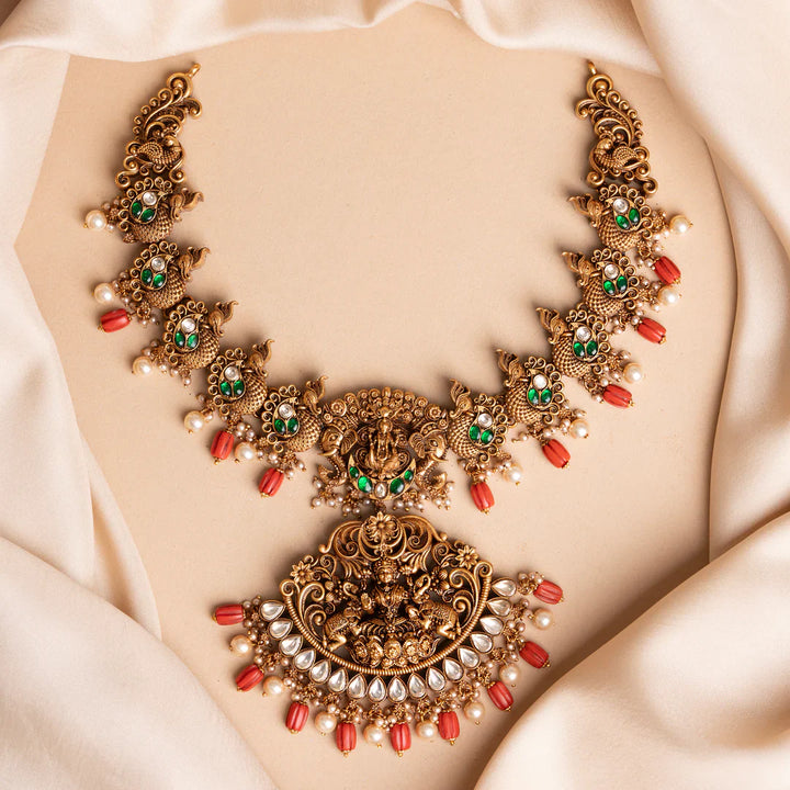 Pure 92.5 Silver, Gold Plated Gajamayuri Lakshmi Necklace with Gemstone Details