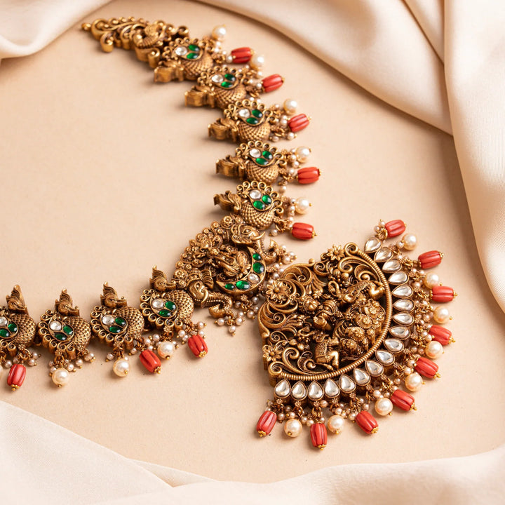 Pure 92.5 Silver, Gold Plated Gajamayuri Lakshmi Necklace with Gemstone Details