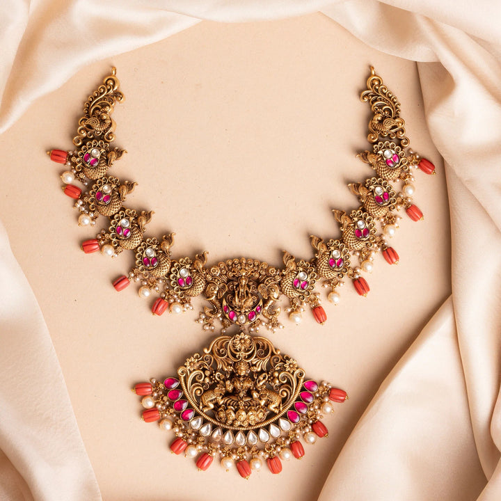 Pure 92.5 Silver, Gold Plated Gajamayuri Lakshmi Necklace with Gemstone Details