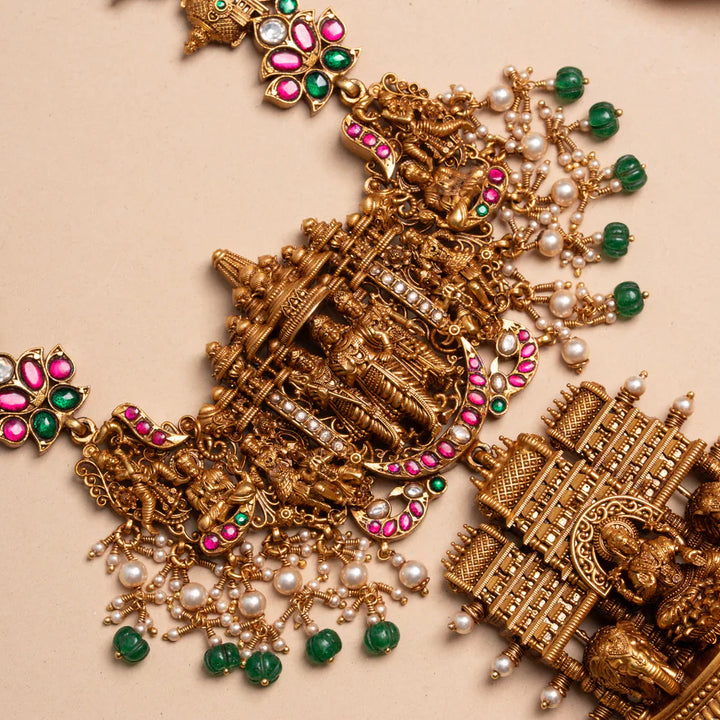 Pure 92.5 Silver Gold-Plated Kasulaperu Haram Long Necklace.