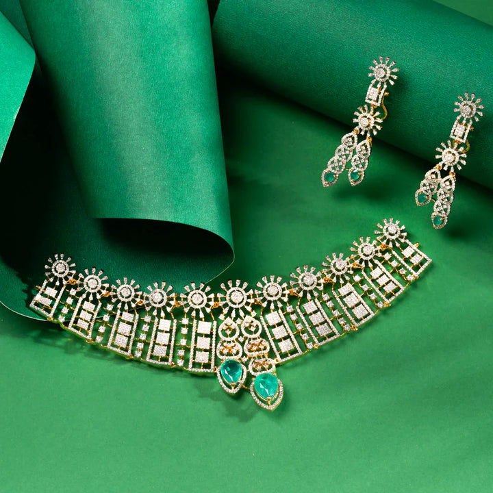 92.5 Silver, 22kt Gold Plated CZ Bloom Tear Short Necklace Set