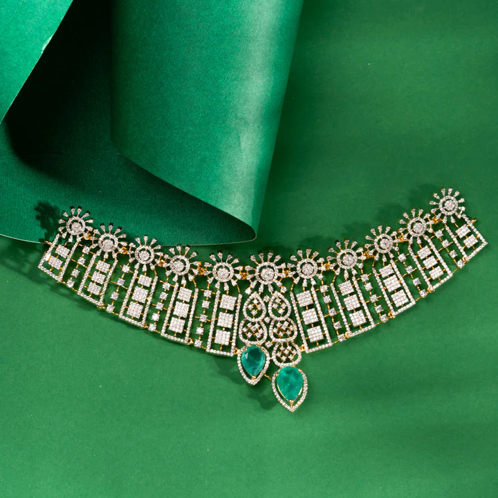 92.5 Silver, 22kt Gold Plated CZ Bloom Tear Short Necklace Set