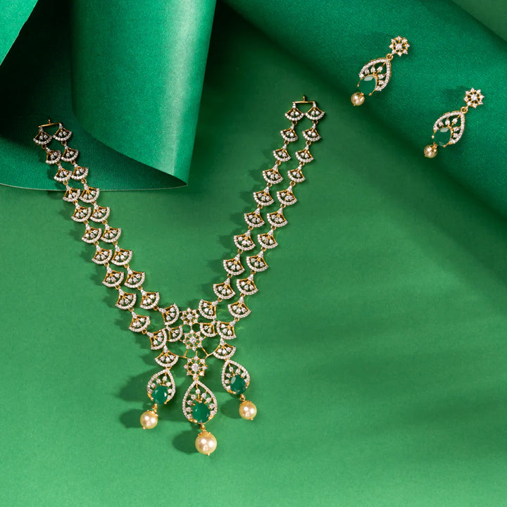 92.5 Silver, Gold Plated CZ Stones and Emeralds Florelle Shine Necklace Set