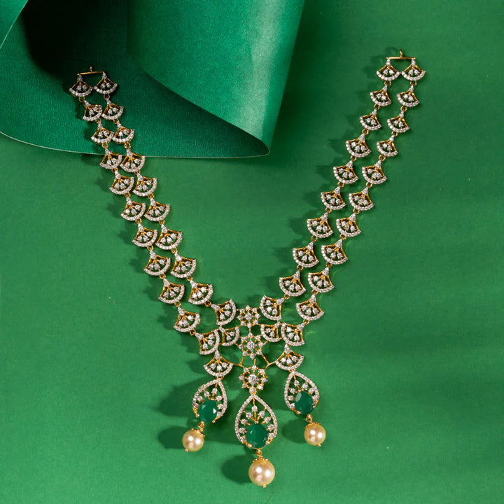 92.5 Silver, Gold Plated CZ Stones and Emeralds Florelle Shine Necklace Set