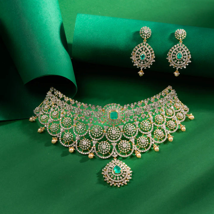 92.5 Silver, Gold Plated CZ stones and a stunning pop-up Emerald centre Surya Chakra Choker Set