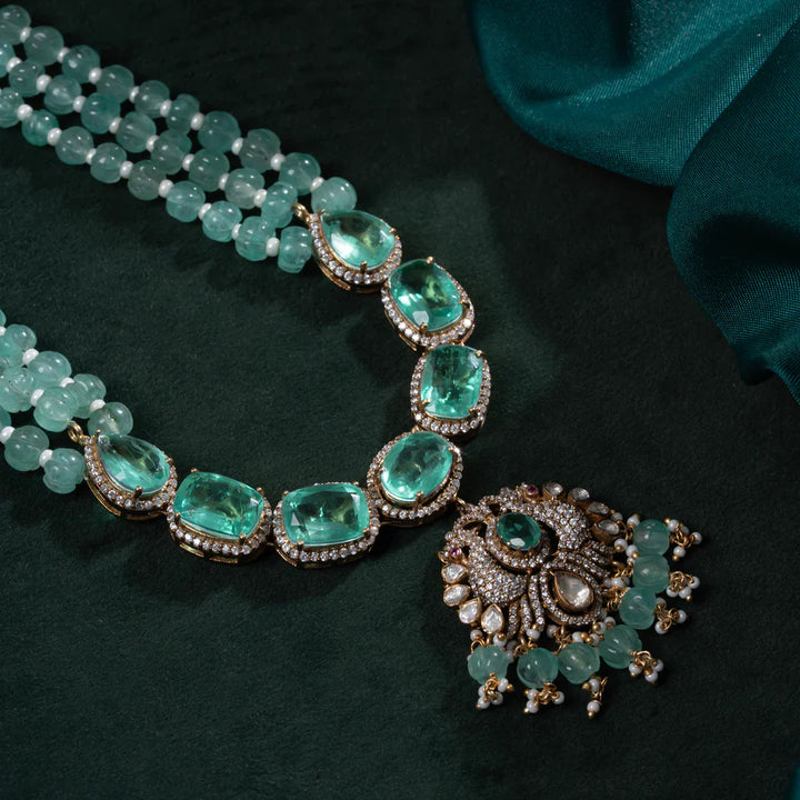 92.5 Silver, Gold Plated Garden of Grace Long Necklace with Peacocks, Emeralds, CZ stones, and Moissanite