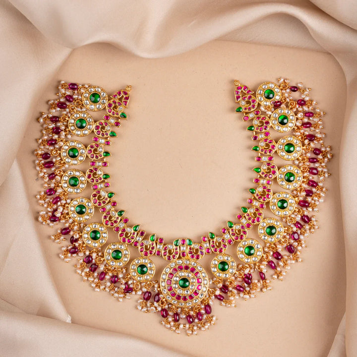 Pure 92.5 Silver, Gold Plated Mayura Kundan Short Necklace