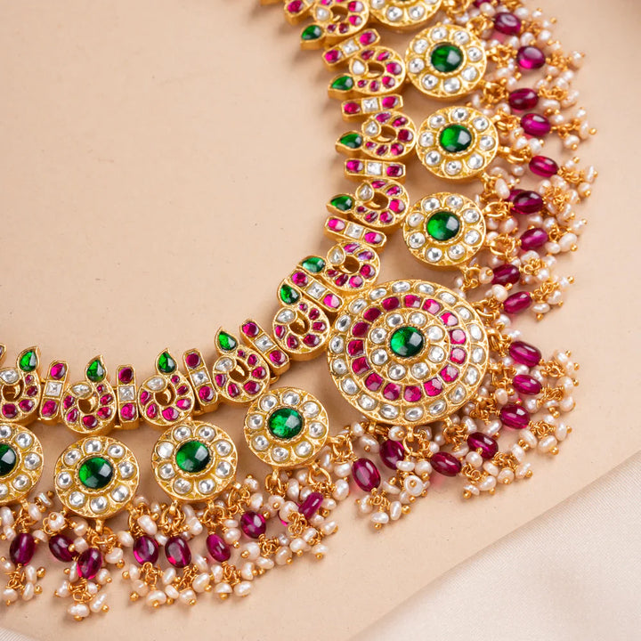 Pure 92.5 Silver, Gold Plated Mayura Kundan Short Necklace
