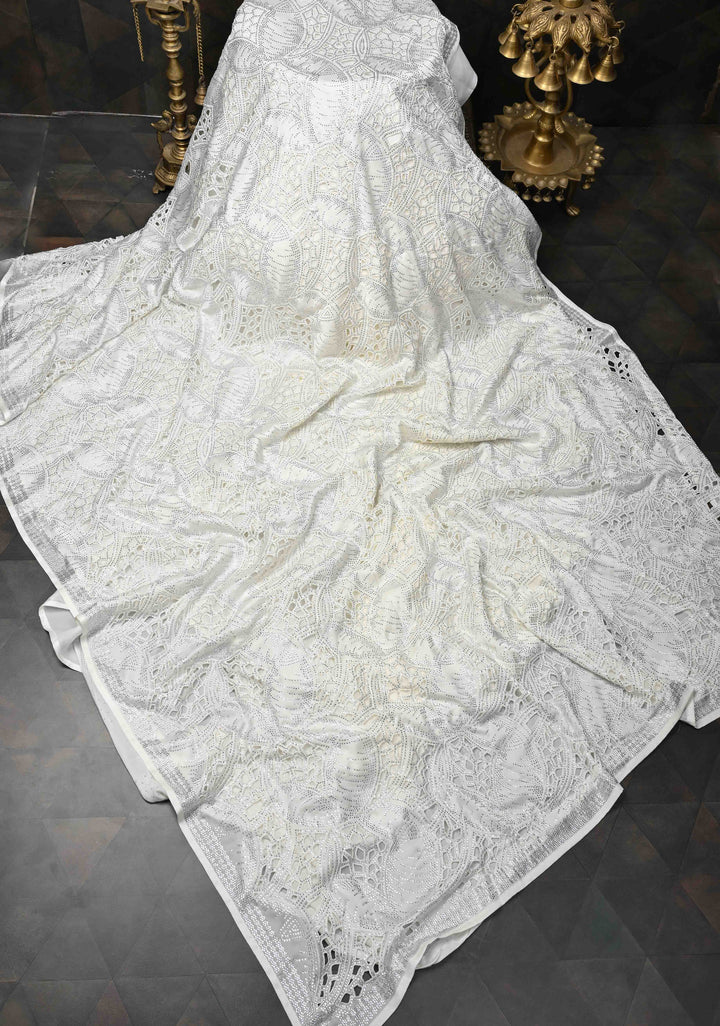 Ivory Satin Machine Cutwork Saree and Tone on Tone Powder Stones work