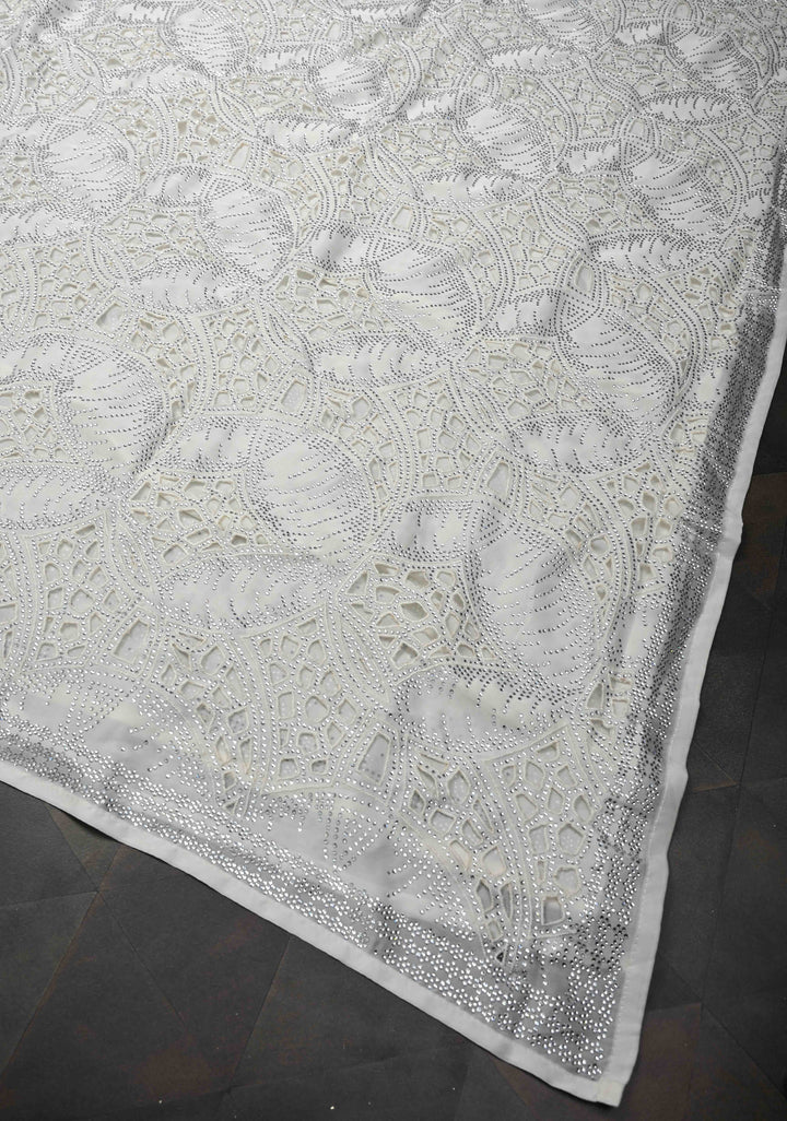 Ivory Satin Machine Cutwork Saree and Tone on Tone Powder Stones work