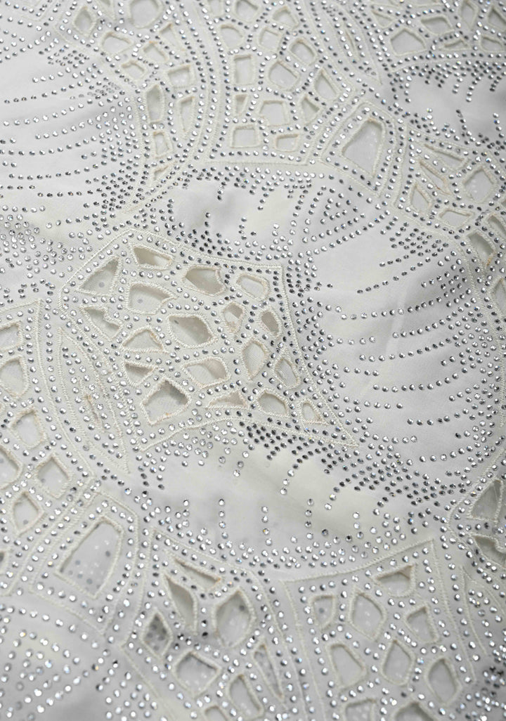 Ivory Satin Machine Cutwork Saree and Tone on Tone Powder Stones work