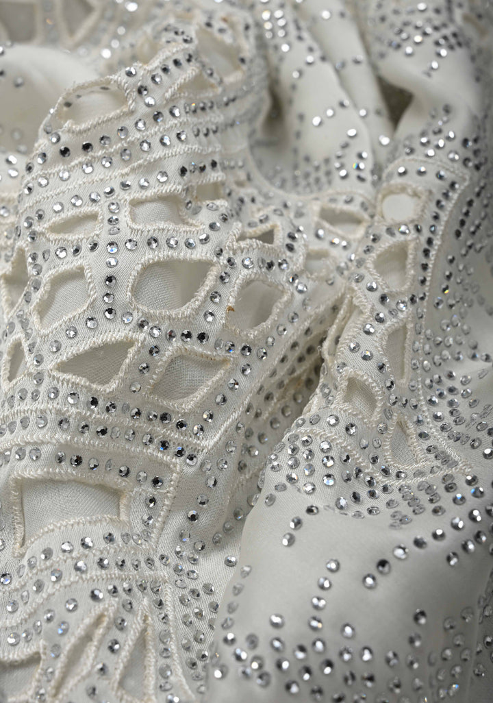 Ivory Satin Machine Cutwork Saree and Tone on Tone Powder Stones work