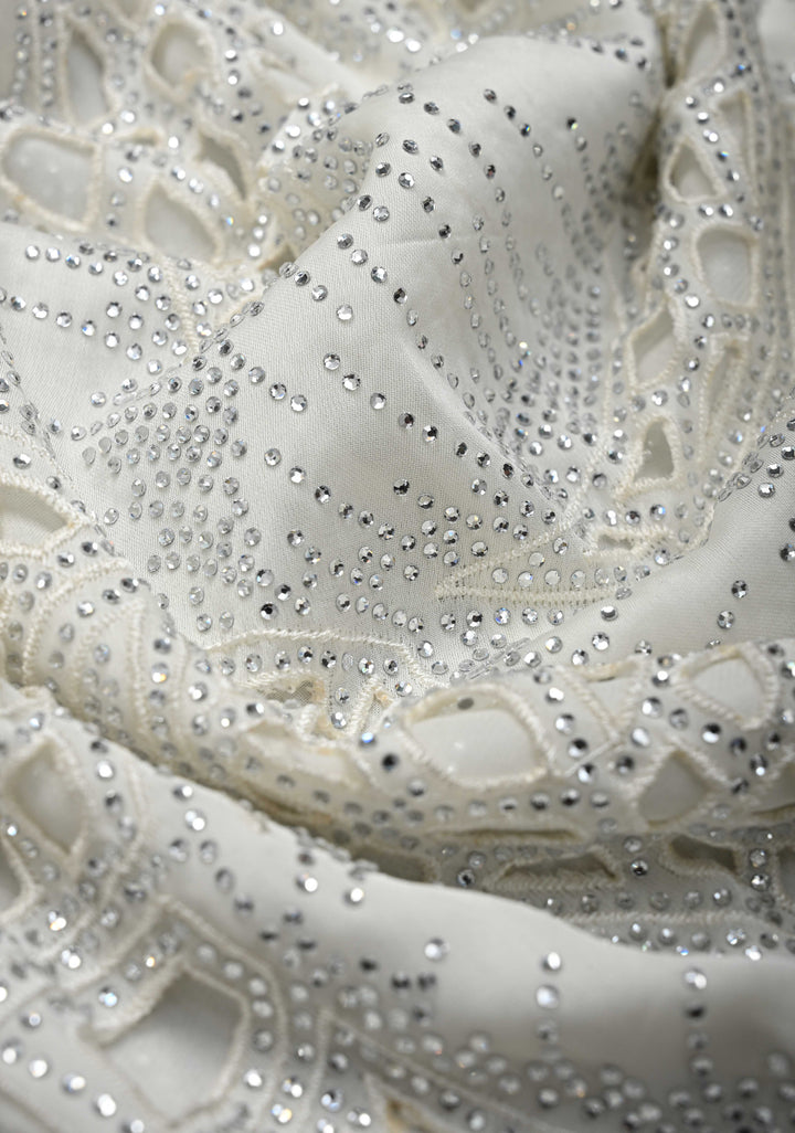 Ivory Satin Machine Cutwork Saree and Tone on Tone Powder Stones work