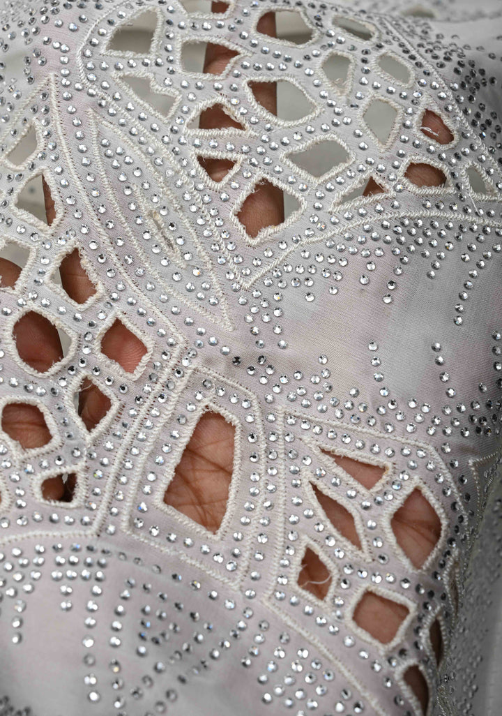 Ivory Satin Machine Cutwork Saree and Tone on Tone Powder Stones work