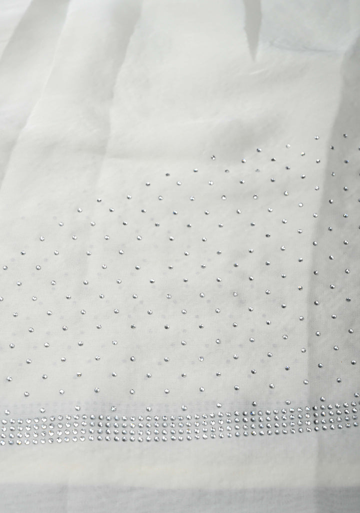 Ivory Satin Machine Cutwork Saree and Tone on Tone Powder Stones work