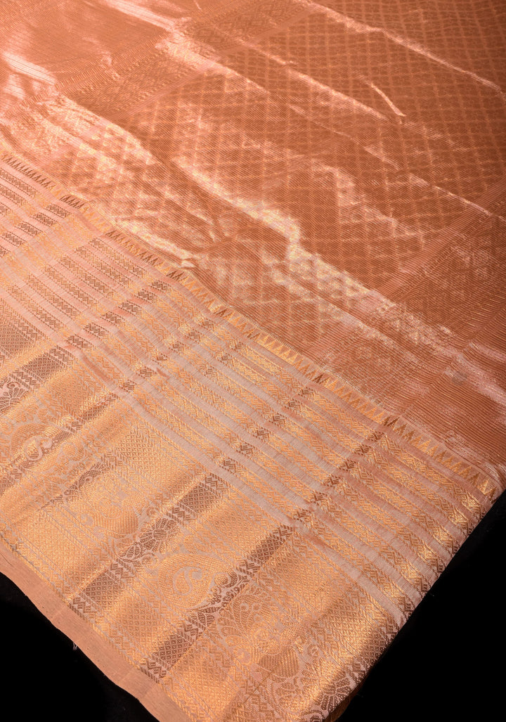 Handwoven Mangalagiri Silk Cotton Saree in Pastel Peach with Zari Checks and Wide Zari Border