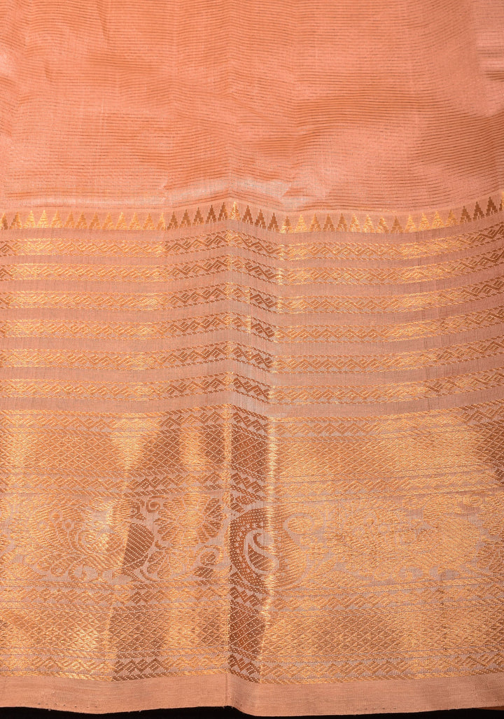 Handwoven Mangalagiri Silk Cotton Saree in Pastel Peach with Zari Checks and Wide Zari Border