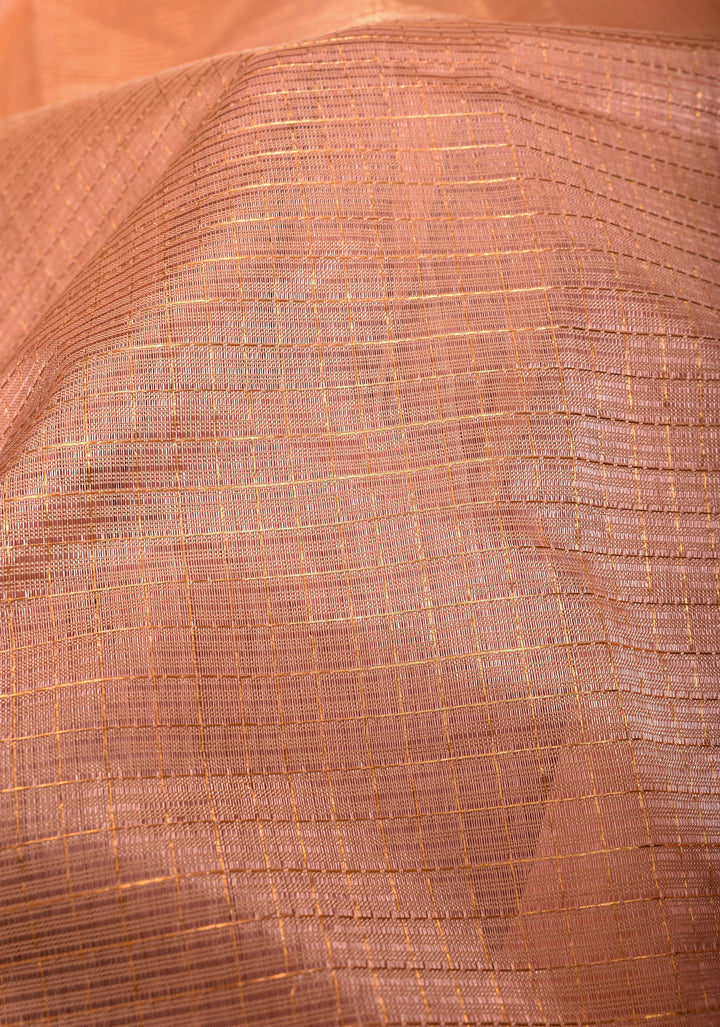 Handwoven Mangalagiri Silk Cotton Saree in Pastel Peach with Zari Checks and Wide Zari Border