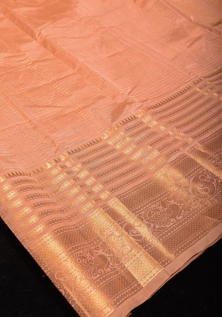 Handwoven Mangalagiri Silk Cotton Saree in Pastel Peach with Zari Checks and Wide Zari Border