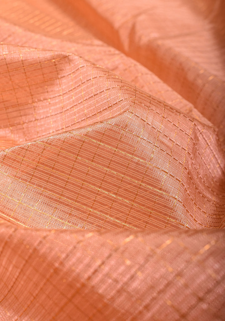 Handwoven Mangalagiri Silk Cotton Saree in Pastel Peach with Zari Checks and Wide Zari Border