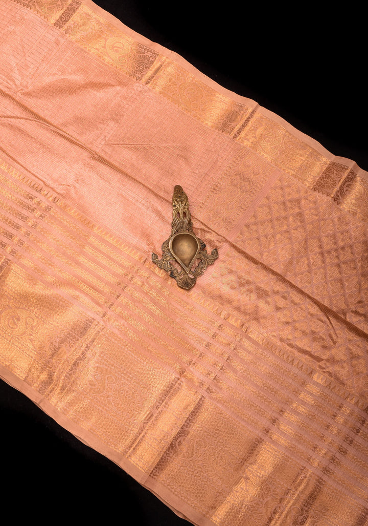 Handwoven Mangalagiri Silk Cotton Saree in Pastel Peach with Zari Checks and Wide Zari Border