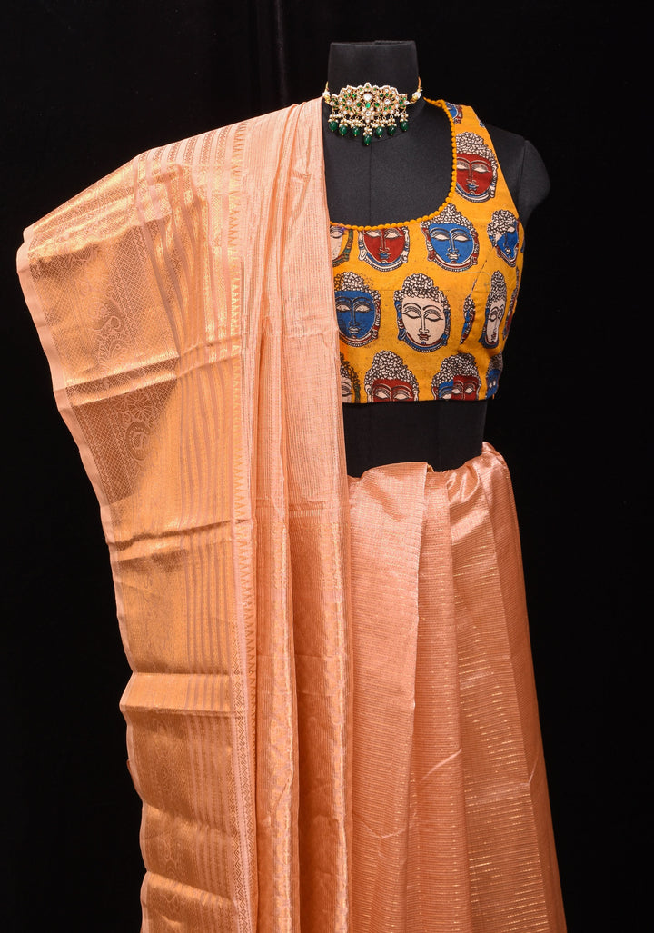 Handwoven Mangalagiri Silk Cotton Saree in Pastel Peach with Zari Checks and Wide Zari Border