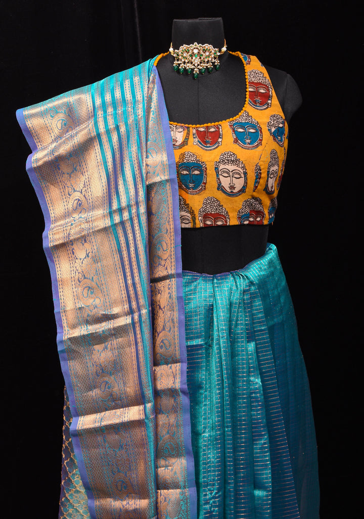 Handwoven Mangalagiri Silk Cotton Saree in Azure Blue with Zari Checks and Wide Zari Border